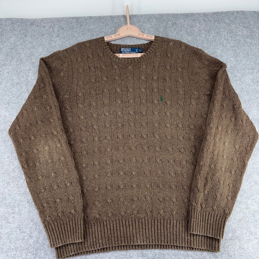 Polo Ralph Lauren Mens Brown 100% Silk Cable Knit Crewneck Sweater Large Pony